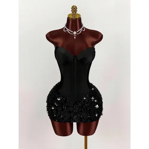 Women's Solid Color Bustier Patchwork Faux Fur Hem Fitted Fashionable Mini Dress, Birthday Party Dress, Christmas Party Dress