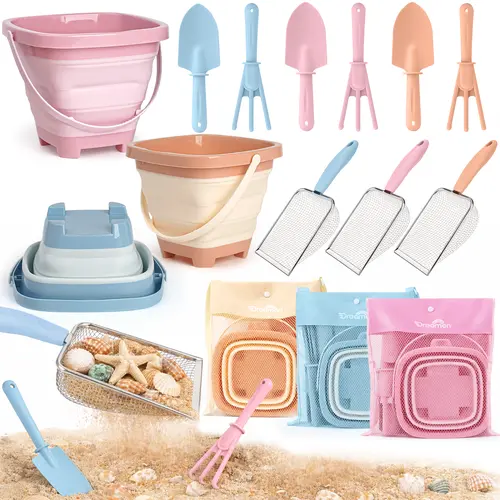 Dreamon Beach Toys, Travel Sand Toys for Kids, 10 PCS Sandcastle Building Kit with Collapsible Bucket, Mesh Bag, Sand Sifter, Shovel & Rake, Summervibes