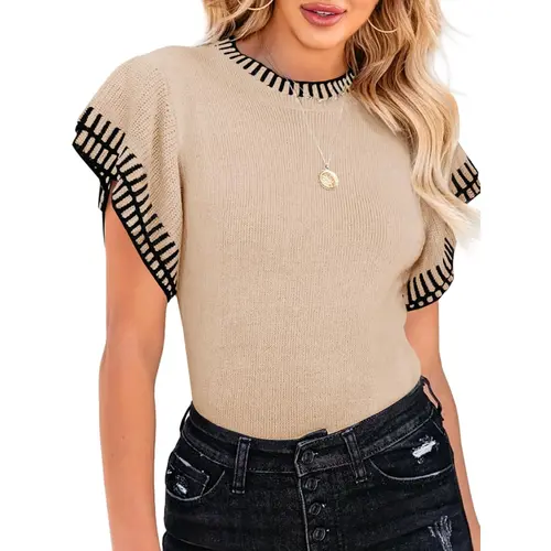 Saodimallsu Lady's Short-Sleeve Knitting Sweater - Summer Ruffle Striped, Loose Round Neck, Lightweight Soft Basic Casual Trendy Knit Top,summerwins summerwins,summeroutfits,vacationoutfits,beachoutfits,back to school,back to school shopping sohochic