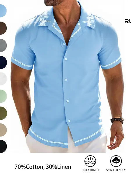 Runcati Mens Short Sleeve Shirt Button Down Casual Cuban Linen Shirts Summer Beach Vacation Tops