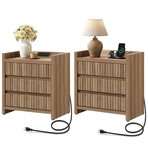 SICOTAS 2-Piece Mid-Century Modern Nightstand Set, FSC Certified 26" Tall Fluted 25.4" Wide Top 3-Drawer Bedside Table with 4-Port Power Hub, USB-C + USB-A Ports for Bedroom Sofa Side End Table