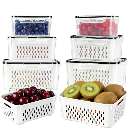 12pcs Airtight Food Container Set (6 Colanders, 6 Boxes) - Produce Storage Containers for Fridge Organization, Leak-Proof Microwave-Safe Kitchen Accessories with Utensils Food Solutions,sohochic