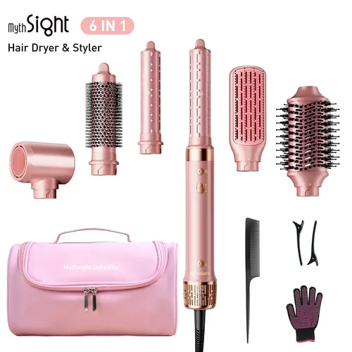 Mythsight 6 in 1 Hot air styler, Hair Dryer & Styler with Travel Case, Fast Drying, Auto Wrap Curls (L/R), Hair blow dryer brush, Smooth & Frizz-Free blowout, volumizing blowout, Perfect gifts for Women, Friend,Travel