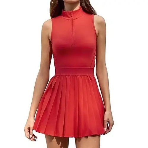 QINSEN Womens Zip Front Tennis Dress High Neck Pleated Sleeveless Two Pieces Golf Athletic Dress with Pockets