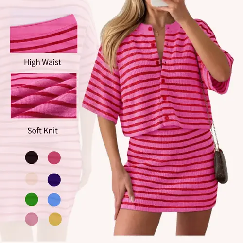 Imily Bela Womens Two Piece Skirt Set Summer Striped Knit Short Sleeve Button Cardigans And Mini Skirt Lounge Set