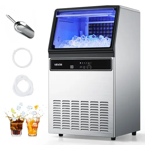 【Back to School】VEVOR Commercial Icemaker - Ice Machine Maker, 130lb/24h Square 33lbs Storage, 45 Cubes per Cycle, Programmable Stainless Steel Freestanding-Under Counter, LED Display, Self-Cleaning, Quiet Insulated for Home/Bar Users