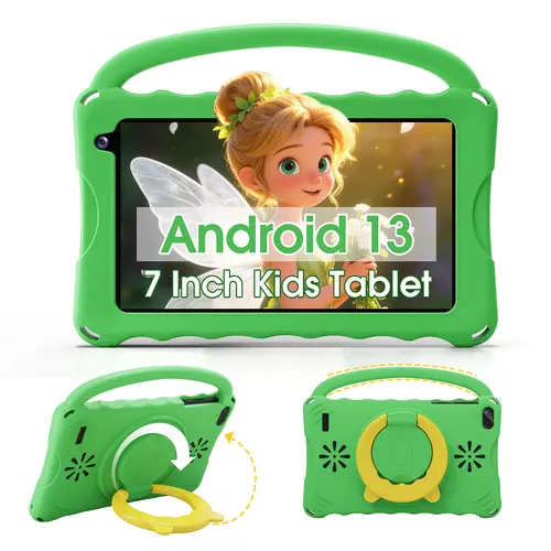 7 inch Kids Electronic Tablet with Stand, 4GB RAM 32GB ROM Android System, Parental Control Lock, Eye Protection Touchscreen, Shockproof Case, Adapter for Toddlers 4-12, Portable Handheld Device toolupgrade