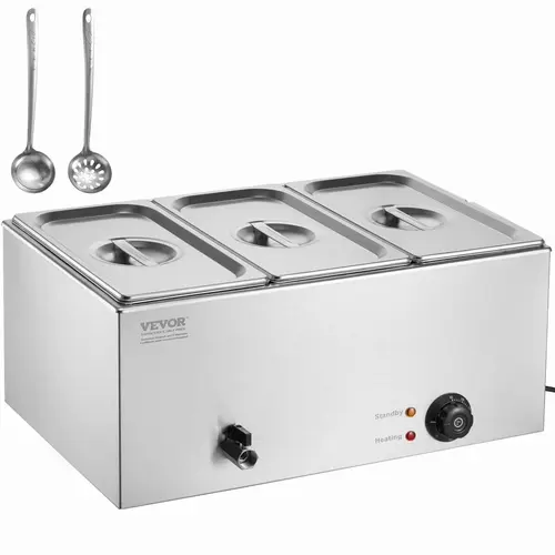 VEVOR 3-Pan Commercial Food Warmer - 17.4 QT Capacity 1200W Fast Heat Corded Electric Steam Table, Durable Stainless Steel Countertop Buffet Bain Marie, 86-185°F Temp Control, 3 Dish Serving Kitchen Appliances for Catering, Restaurants