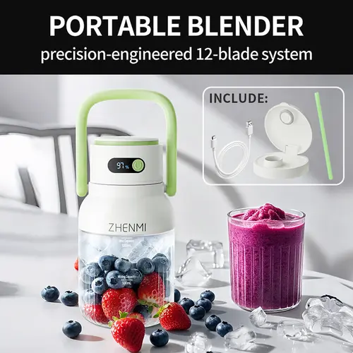 ZHENMI Cordless Blender - Portable Compact Mini Cordless Blenders, 33oz BPA-Free for BPA-Free Sipping, USB Rechargeable, Crushes Ice, 2-Serving Outdoor Smoothies, Holiday/Birthday Gift for Couples