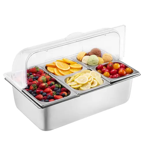 【Back to School】VEVOR Countertop Food Serving Display Container - 5-Pan Stainless Steel Tray, Detachable Buffet Condiment Dispenser Rack with Transparent Lid, 3 Freezer Boxes, Food Storage Container for Preservation, Utensils & Family Meals, Stainless Ste