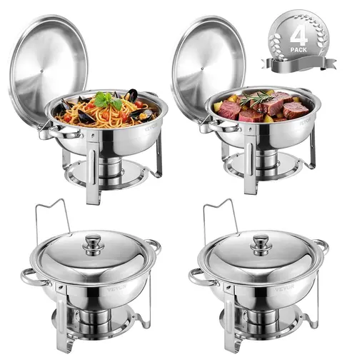 【Back to School】VEVOR Stainless Steel Chafing Dish Buffet Set, 4-Pack 5 Qt Round Catering Warmers with 4 Full-Size Pans, Lid, Water Pan, Space-Saving Folding Stand, Clip, Keeps Steak Hot, for Party, Weddings, Banquets, Silver, Warm Or Chill
