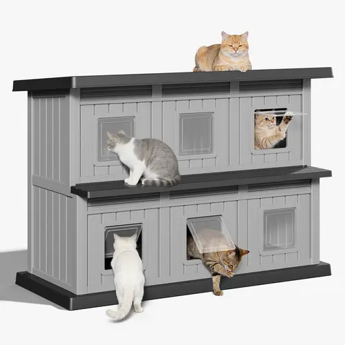 Multi-Level Outdoor Cat Apartment House, Weatherproof Shelter with Slanted Roof, Balcony & 6 Flip-Up Doors for Indoor/Outdoor Use,Summervibes