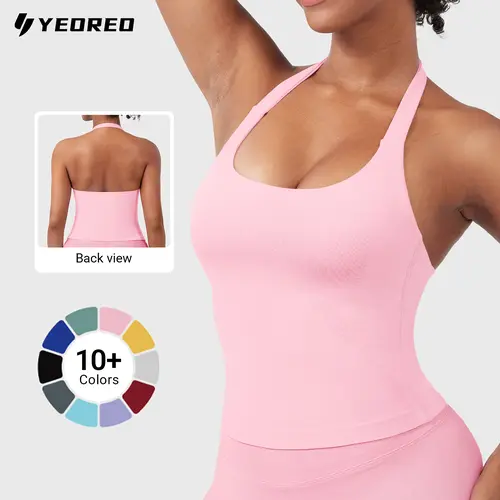 YEOREO SoftHue Women's Impact Halter Tank Top Longline Backless Scoop Neck Built-in Bra Sports Workout Gym Crop Top summervibes Fitness Wear Sleeveless Activewear summerwins