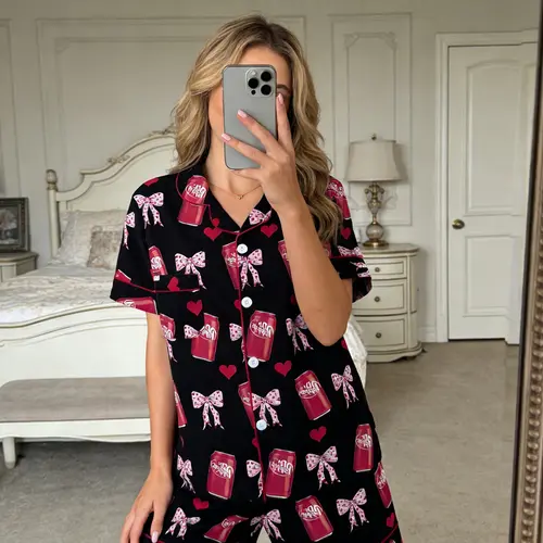 Women's Dr.Pepper Pajama Set Geometric Print, Short Sleeve Lapel Button-Up Fitted Top & Elastic Shorts, All-Season Comfortable Loungewear Nightwear, Pyjamas, Matching Pajama Set, Cartoon Print Set