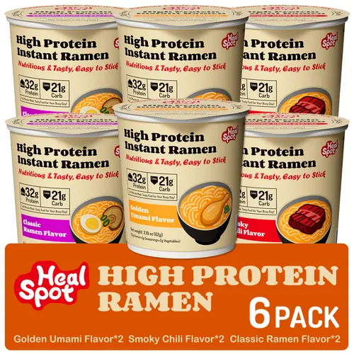 Healspot Instant Ramen Cups Variety Pack - 6 Cups, 32g Plant-Based Protein, Non-Fried, Low Fat, Low Carb, Non-GMO, Golden Umami, Smoky Chili, Classic Flavors, Food, Snacks, Tapioca Starch, Vital Wheat Gluten, Wheat Flour