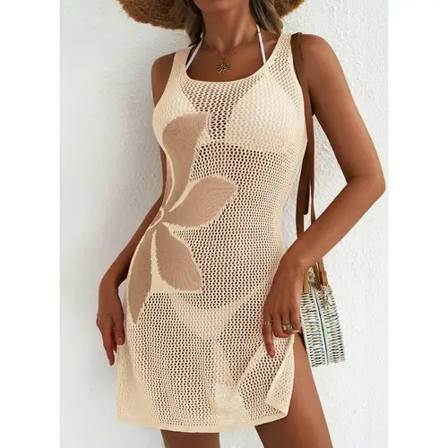 Dokotoo Women's Summer Swimsuit 2026 Cover up Crochet Beach Floral Hollow Out Slit Bikini Sleeveless Cover up Dresses