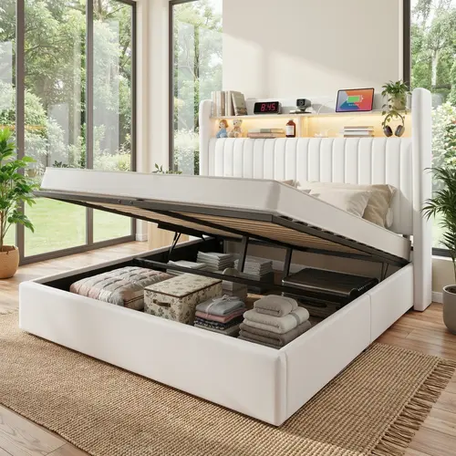 HOOMIC Full Queen King Size Lift Up Storage Bed Frame with Charging Station, Featuring a Storage Shelf Headboard with USB and Type-C Ports, Hydraulic Support, Velvet Upholstery, and No Box Spring Needed, Grey Black White Cream White#SummerVibes