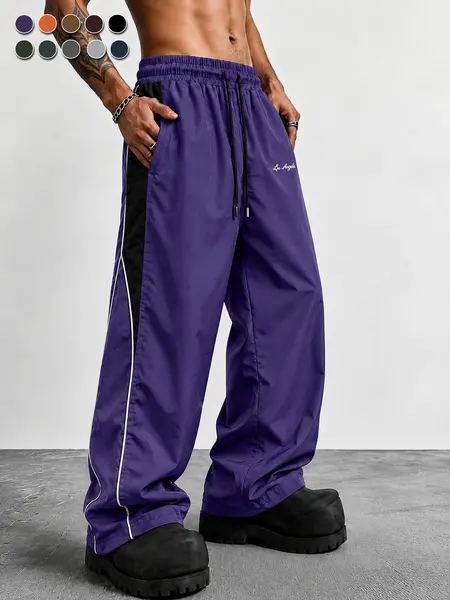 Men's contrasting color reflective strip wide leg casual pants, pendant smooth fabric, side stripes, American high street style, daily commuting adaptation, trendy and versatile personality