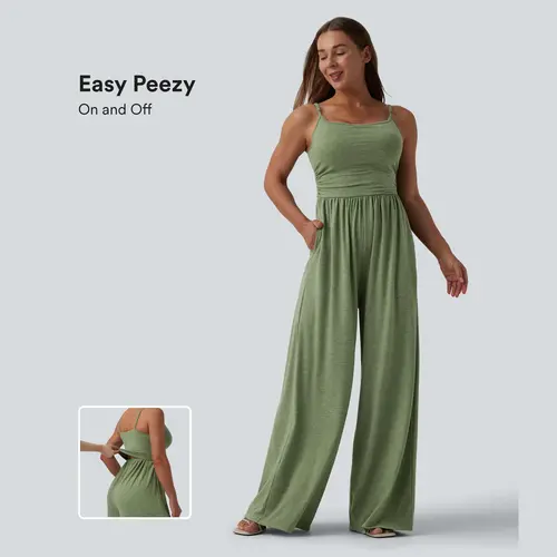 Halara Adjustable Straps Ruched Wide Leg Heathered Casual Jumpsuit with Pockets-Easy Peezy