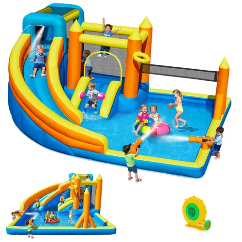 【Clearance】Inflatable Water Slide For 4-6 kids, Big Water Bounce House for Kid Backyard, Blow Up Water Park with 550W Blower, Splash Pool, Water Cannon, Climbing Wall for Kids Outdoor and Indoor