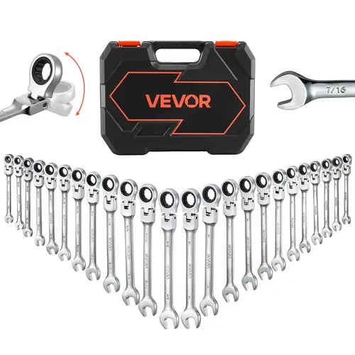 【toolupgrade】VEVOR 24-Piece Flex-Head Adjustable Ratchet Wrench Set - SAE & Metric, 72-Tooth Smooth Cr-V Steel, 180° Pivot Cr-V Head, Storage Case, Combination Tools for Mechanics, Multifunctional for Car & Household DIY Maintenance, Silver, Combination R
