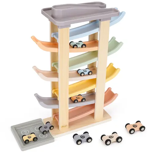 Joyreal Montessori Toddler Toys for 1-3 Year Old -  Wooden Car Ramp Racer Toys with 8 Mini Cars & 2 Garages - Christmas Birthday Gifts for Boys and Girls
