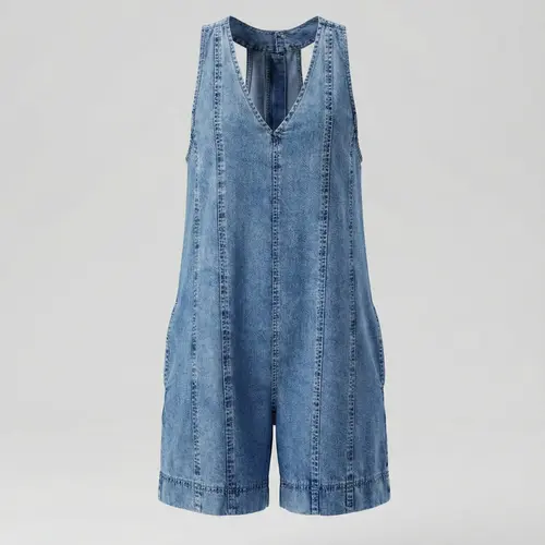 Elengatine Viral Denim Romper for Women | Sleeveless V Neck Loose Fit Jean Playsuit with Pockets | Lightweight & Breathable Denim, Flowy A Line Silhouette | Effortless Chic & Casual Cool | Perfect for Spring Summer Outfits, Vacation, Brunch, Women's Cloth