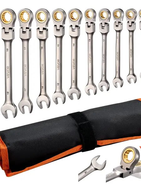 【Summerfinds】VEVOR 12pcs Flex-Head Ratcheting Wrench Set - SAE, 8mm-19mm Cr-V Steel Multifunctional Wrench Set with Roll-Up Pouch, Car Tools for Automotive Users, Long-Lasting Silver Hand Tool