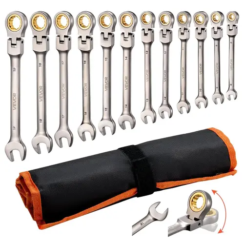 VEVOR 12-Piece Metric Flex-Head Ratcheting Wrench Set, 8mm-19mm 72-Teeth Cr-V Steel, Multifunctional Combination Ratchet Wrenches with Roll-Up Pouch, Tools and Gadgets for Mechanic Work Tools, Household & Automotive Repairs