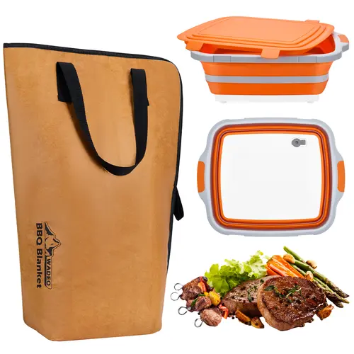 WADEO Collapsible Barbecue Tool Set - 16L Silicone BBQ Prep Tub with Snap-Lock Cutting Board Lid, 3-Layer Insulated Meat Resting Bag (Warms Meat Hours), Compact Portable Grill Accessory for Camping, Beach, Great Dad Gift