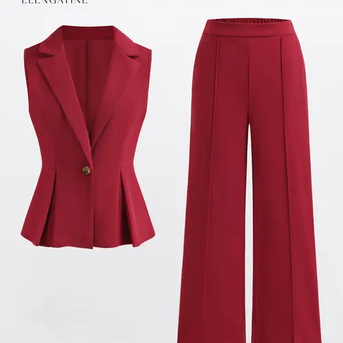 Elengatine Women's Chic Fitted Boss Babe 2-Piece Set - Sleeveless Blazer Vest, High-Waisted Tailored Pants, Polyester Power Outfit for Work & Events, Women 2 Piece Sets with Elegance & Style,sohochic