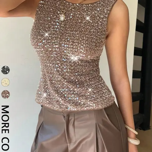 Women's Round Neck Sequin Fitted Vest, Casual European Style Sleeveless Design, Summer Sparkle, Perfect for Shopping and Coffee Shops, Casual Sleeveless Top