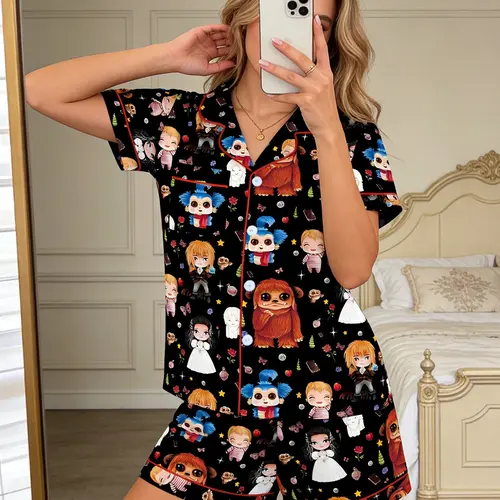 Women's Labyrinth Sleepwear Set Two-Piece Comfortable Short Sleeve Button-Up Top and Elastic Shorts Casual Home Wear Loungewear Pajama Pyjamas Pjs Print，Ludo，Sarah Williams，Jareth the Goblin King
