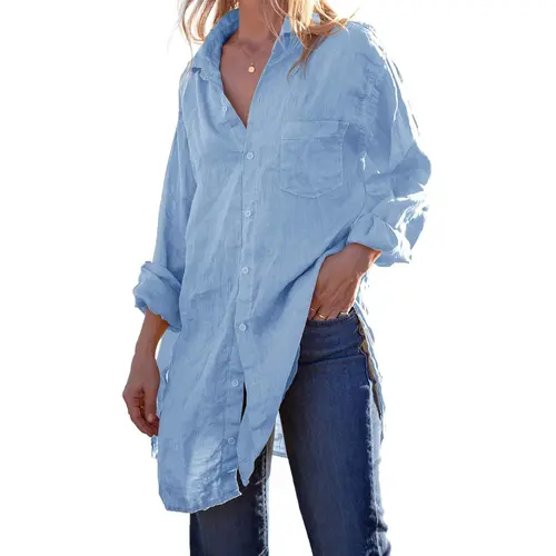 Saodimallsu Women's Cotton Linen Button-Down Blouse - Minimalist Basic Loose-Fit Long-Sleeve Tunic Top, Beach Bikini Cover-Up, Boho Casual Clothes summerwins,back to school,back to school shopping sohochic