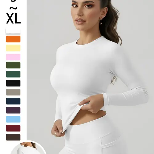 Women's Simple Solid Color Sporty Top, Comfortable High Waist Yoga Shirt, Elastic Fabric, High Stretch Sporty, Short Sleeve, Above the Ankle, Spring & Fall, Gym Performance Top, Athletic Yoga Tops, Workout Tops