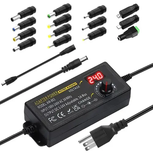 LIZVOR Universal US Plug AC-DC Volt Adapter, Adjustable 3.5-24V/2A Power Supply with Digital Display, Reverse Polarity Wiring, 14 Connectors for Automotive & Motorcycle Car Electronics USB Charging,toolupgrade