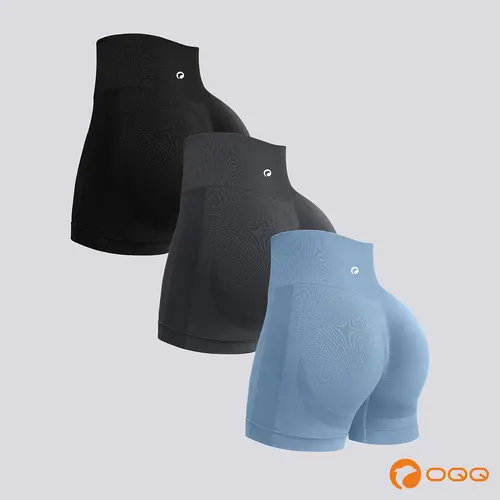 OQQ Women's 3-Pack Zone-Knit Seamless High-Waisted Gym Shorts, Ruched Rear Butt-Lifting with Tummy Control for Yoga, Active Wear Above Knee Fitted Bottoms