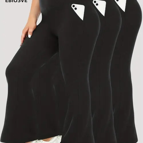 3pcs Set - Plus Size High-Waisted Flared Pants with Diagonal Pockets - Comfortable And Stretchy - New Autumn Style ,New Wide-leg Pants For Women In All Seasons, Casual Hip-lifting High-waist Stretch Pants, Loose Flared Pants Suitable For And Aerobics summ