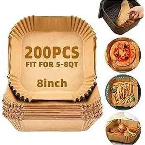 Disposable Air Fryer Liners, 200Pcs 8IN Square Bleach-Free Parchment Paper Liners - 428°F Heat Resist, Thickened for Sturdy Use, Bowl-Like, Non-Stick Cooking Aid for 5-8QT Air Fryers, Clean Frying,sohochic