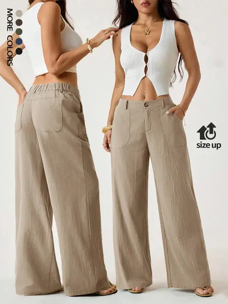 Women's Classical Chic Linen Palazzo Pants Summer Flowy Loose Baggy Wide Straight Leg Beach Trousers With Pocket Casual Solid Color Soft Elastic High Waist Lounge Pants Travel Vacation Bottoms Date Brunch Home Work Streetwear Outfit Casual Comfy Trousers