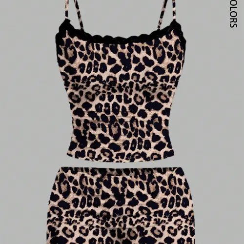 2pcs Casual Leopard Print Lace Crop Top Camisole And Shorts Set For Women, Perfect for Daily Wear, Home Use, Stylish and Comfortable