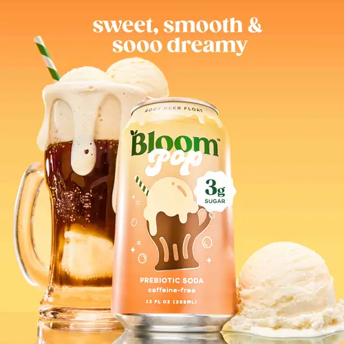 Root Beer Float - Bloom Pop - Prebiotic Soda 12 Pack, 12oz Cans - Prebiotic Soda for Gut Health, Low Calorie Soda, No Caffeine, Healthy Soft Drink Alternative Beverage