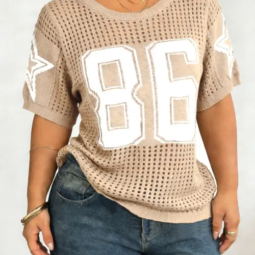 Plus Size Women's Letter Print Hollow-Out Sweater, Casual Sporty Round-Neck Loose-Fit Oversized Knit Top for Summer Daily Wear Knitting