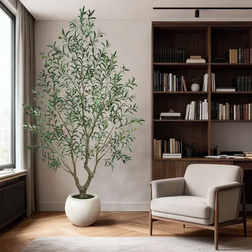 Artificial Olive Tree (Optional Round White Plastic Pot) — Features A Sturdy Trunk And Realistic Fruit; Available In Heights Ranging From 5 To 8 Feet, Making It An Ideal Choice For Home And Office Décor