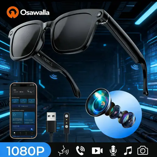 OSAWALLA AI Smart Glasses with 8MP HD Camera, 1080P Video Recording, Wireless Open-Ear Audio, Real-Time Translation, Voice Assistant, Touch Control, Phone Call Support, Casual Square Design, Built-In Batteries for Vlogging & Travel