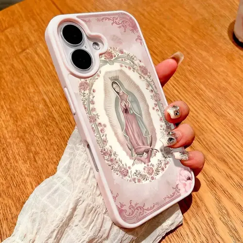 Pink Virgin Mary Christian Pattern Magnetic Clear Phone Case For IPhone 17/16/15/14/13/12/11/Air/ProMax/Pro/Plus For Samsung Galaxy S25-S22/FE/Ultra, Acrylic+TPU Cover, Creative Y2K Design, Fundas Para Cover De Matching, Compatible Shockproof Phone Cases