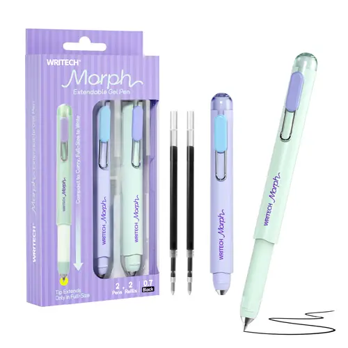 WRITECH Morph Extendable Gel Pen: 0.7mm Black Ink Mini to Full Size Soft Grip Portable Extendable Pocket Pen Set with 2 Pens and 2 Refills