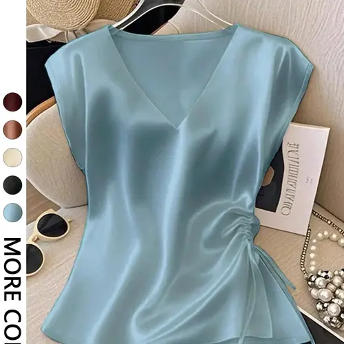 Women's Elegant Simple Solid Color V-Neck Batwing Drawstring Side Ruched Satin Blouse Shirts, Summer Wear, Tops