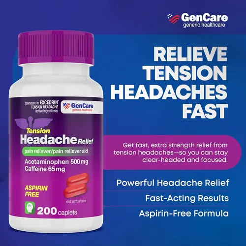 【HSA/FSA Eligible】GenCare Headache Relief Caplets | Extra Strength & Tension Headache Relief | 200 Count Value Pack