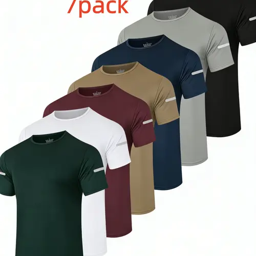 7PCS Men's Print Reflective Stripe  Sports T-Shirts, Quick Drying Breathable Round Neck T-shirt,Casual Tops for Workout Running, Gym Tees, Men's Sportswear for Summer  Running Shirts, Moisture-Wicking T-Shirts, Gym Workout Short Sleeve Shirts
